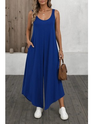 Lune Store Kadın Askılı Yuvarlak Yaka Cepli Salaş Uzun Viskon Tulum
