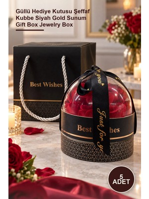 Yenilig 5 Adet Best Wishes Özel Tasarım Dekoratif Takı Kutusu – Güllü Hediye Kutusu Şeffaf Kubbe Siyah Gold Sunum Gift Box Jewelry Box