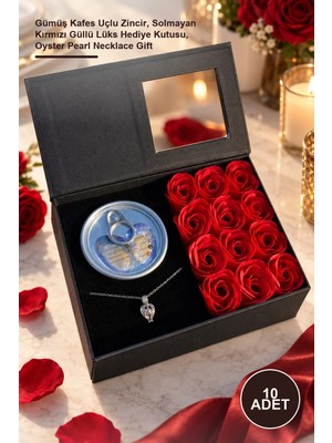 Yenilig 10 Adet Istiridye Içinde Gerçek Inci Kolye – Gümüş Kafes Uçlu Zincir, Solmayan Kırmızı Güllü Lüks Hediye Kutusu, Oyster Pearl Necklace Gift