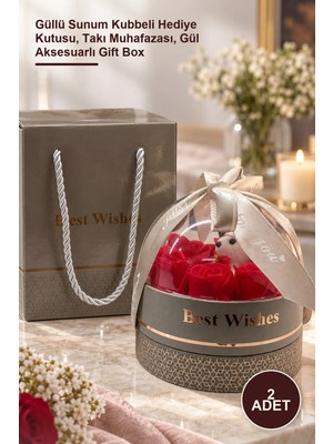 Yenilig 2 Adet Best Wishes Özel Tasarım Dekoratif Takı Kutusu – Güllü Sunum Kubbeli Hediye Kutusu, Takı Muhafazası, Gül Aksesuarlı Gift Box