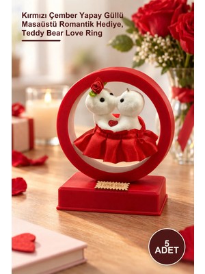 Yenilig 5 Adet I Love You Ayıcık Figürlü Dekoratif Aşk Çemberi – Kırmızı Çember Yapay Güllü Masaüstü Romantik Hediye, Teddy Bear Love Ring