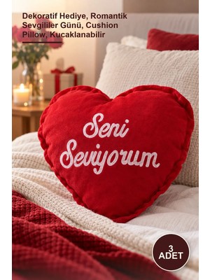 Yenilig 3 Adet Seni Seviyorum Baskılı Kırmızı Peluş Kalp Yastık – Dekoratif Hediye, Romantik Sevgililer Günü, Cushion Pillow, Kucaklanabilir