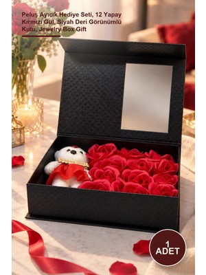 Yenilig 1 Adet Güllü Takı Kutusu – Peluş Ayıcık Hediye Seti, 12 Yapay Kırmızı Gül, Siyah Deri Görünümlü Kutu, Jewelry Box Gift