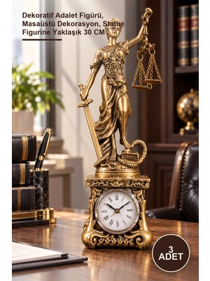 Yenilig 3 Adet Saatli Adalet Biblo – Dekoratif Adalet Figürü, Masaüstü Dekorasyon, Statue Figurine Yaklaşık 30 cm