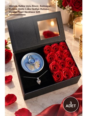 Yenilig 3 Adet Istiridye Içinde Gerçek Inci Kolye – Gümüş Kafes Uçlu Zincir, Solmayan Kırmızı Güllü Lüks Hediye Kutusu, Oyster Pearl Necklace Gift
