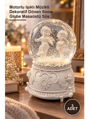 Yenilig 3 Adet Melek Kar Küresi – Motorlu Işıklı Müzikli Dekoratif Dönen Snow Globe Masaüstü Süs
