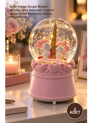 Yenilig 2 Adet Kar Küresi – Eyfel Kulesi Sevgili Modeli Motorlu Işıklı Dekoratif Tasarım Snow Globe Romantik Hediye