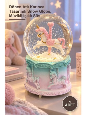 Yenilig 1 Adet Atlı Karınca Motorlu Işıklı Müzikli Kar Küresi – Dönen Atlı Karınca Tasarımlı Snow Globe, Müzikli Işıklı Süs