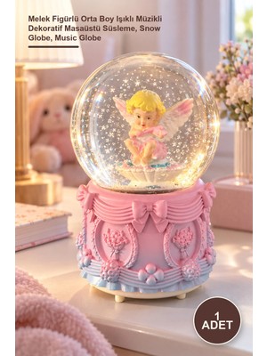 Yenilig 1 Adet Kar Küresi – Melek Figürlü Orta Boy Işıklı Müzikli Dekoratif Masaüstü Süsleme, Snow Globe, Music Globe