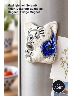 Yenilig 10 Adet Venedik Kedi Magnet – Mavi Işlemeli Seramik Figür, Dekoratif Buzdolabı Magneti, Fridge Magnet