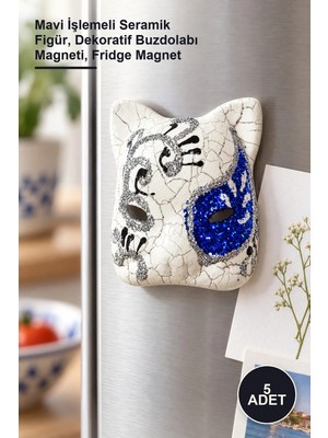 Yenilig 5 Adet Venedik Kedi Magnet – Mavi Işlemeli Seramik Figür, Dekoratif Buzdolabı Magneti, Fridge Magnet