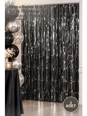 Yenilig 3 Adet Siyah Metalize Saçaklı Arka Fon Perde – Ekstra Parlak Ithal A Kalite 1x2 Metre, Party Backdrop, Photo Booth