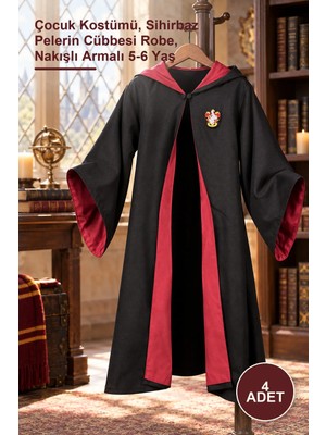 Yenilig 4 Adet Harry Potter Gryffindor Cübbe – Çocuk Kostümü, Sihirbaz Pelerin Cübbesi Robe, Nakışlı Armalı 5-6 Yaş