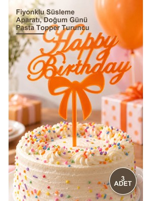 Yenilig 3 Adet Happy Birthday Pasta Kek Çubuğu – Fiyonklu Süsleme Aparatı, Doğum Günü Pasta Topper Turuncu
