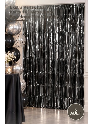 Yenilig 5 Adet Siyah Metalize Saçaklı Arka Fon Perde – Ekstra Parlak Ithal A Kalite 1x2 Metre, Party Backdrop, Photo Booth