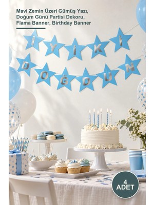 Yenilig 4 Adet Iyiki Doğdun Flama Süs – Mavi Zemin Üzeri Gümüş Yazı, Doğum Günü Partisi Dekoru, Flama Banner, Birthday Banner