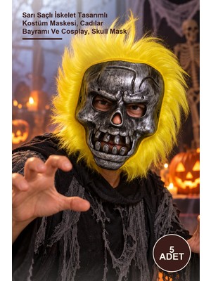Yenilig 5 Adet Metal Kafatası Maske – Sarı Saçlı Iskelet Tasarımlı Kostüm Maskesi, Cadılar Bayramı ve Cosplay, Skull Mask