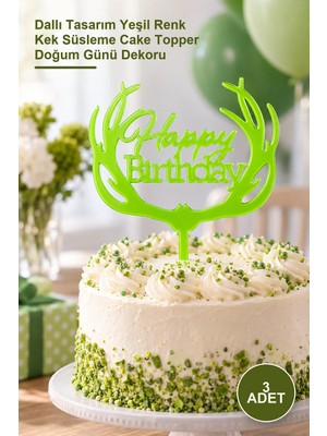 Yenilig 3 Adet Happy Birthday Pasta Çubuğu – Dallı Tasarım Yeşil Renk Kek Süsleme Cake Topper Doğum Günü Dekoru