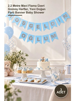 Yenilig 3 Adet Hoşgeldin Oğlum Doğum Süsü Afiş – 2.2 Metre Mavi Flama Üzeri Gümüş Harfler, Yeni Doğan Parti Banner Baby Shower