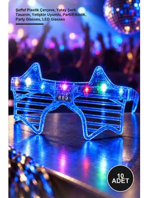 Yenilig 10 Adet Mavi LED Işıklı Yıldız Parti Gözlüğü – Şeffaf Plastik Çerçeve, Yatay Şerit Tasarım, Yetişkin Uyumlu, Parti/etkinlik, Party Glasses, LED Glasses