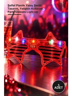 Yenilig 3 Adet Kırmızı LED Işıklı Yıldız Parti Gözlüğü – Şeffaf Plastik Yatay Şeritli Tasarım, Yetişkin Kullanım, Party Glasses Light-Up