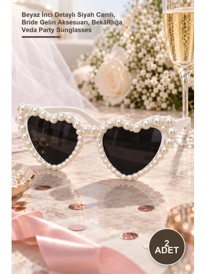 Yenilig 2 Adet Kalp Parti Gözlüğü – Beyaz Inci Detaylı Siyah Camlı, Bride Gelin Aksesuarı, Bekârlığa Veda Party Sunglasses