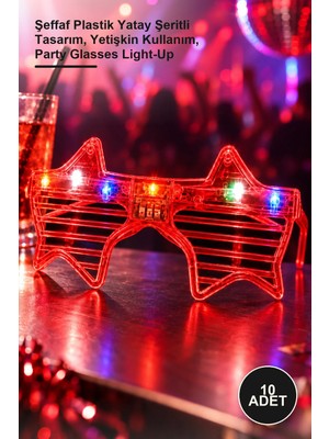 Yenilig 10 Adet Kırmızı LED Işıklı Yıldız Parti Gözlüğü – Şeffaf Plastik Yatay Şeritli Tasarım, Yetişkin Kullanım, Party Glasses Light-Up
