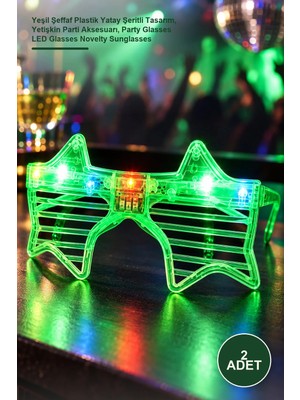 Yenilig 2 Adet LED Işıklı Yıldız Parti Gözlüğü – Yeşil Şeffaf Plastik Yatay Şeritli Tasarım, Yetişkin Parti Aksesuarı, Party Glasses LED Glasses Novelty Sunglasses