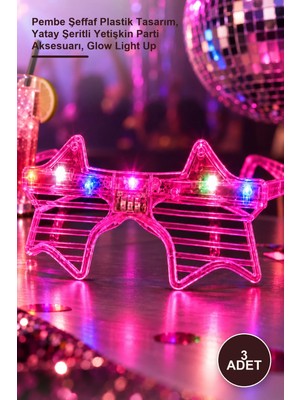 Yenilig 3 Adet LED Işıklı Yıldız Parti Gözlüğü – Pembe Şeffaf Plastik Tasarım, Yatay Şeritli Yetişkin Parti Aksesuarı, Glow Light Up