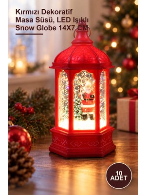Yenilig 10 Adet Yılbaşı Temalı Işıklı Kar Küresi – Kırmızı Dekoratif Masa Süsü, LED Işıklı Snow Globe 14X7 cm