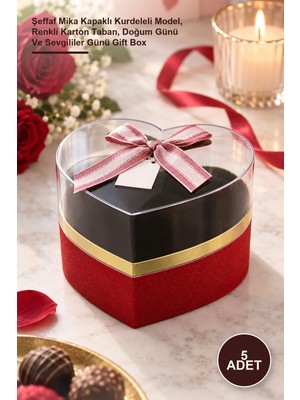 Yenilig 5 Adet Kalp Tasarımlı Hediye Kutusu – Şeffaf Mika Kapaklı Kurdeleli Model, Renkli Karton Taban, Doğum Günü ve Sevgililer Günü Gift Box