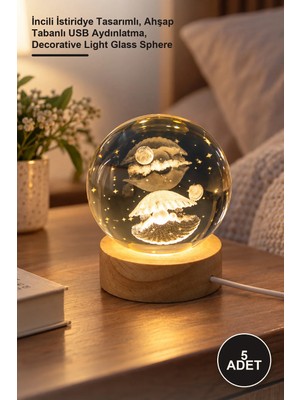 Yenilig 5 Adet Işıklı Cam Küre – Incili Istiridye Tasarımlı, Ahşap Tabanlı USB Aydınlatma, Decorative Light Glass Sphere