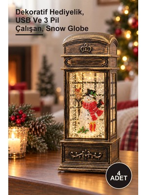 Yenilig 4 Adet Telefon Kulübesi Tasarımlı Yılbaşı Temalı Işıklı Müzikli Kar Küresi – Dekoratif Hediyelik, USB ve 3 Pil Çalışan, Snow Globe