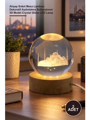 Yenilig 2 Adet 3D Istanbul Temalı Kristal Cam Küre LED Lamba – Ahşap Soket Masa Lambası Dekoratif Aydınlatma Sultanahmet 3D Model Crystal Globe LED Lamp