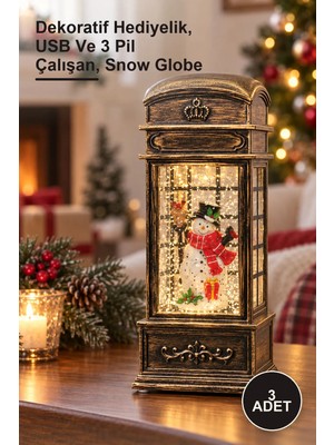 Yenilig 3 Adet Telefon Kulübesi Tasarımlı Yılbaşı Temalı Işıklı Müzikli Kar Küresi – Dekoratif Hediyelik, USB ve 3 Pil Çalışan, Snow Globe