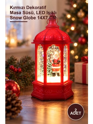Yenilig 2 Adet Yılbaşı Temalı Işıklı Kar Küresi – Kırmızı Dekoratif Masa Süsü, LED Işıklı Snow Globe 14X7 cm