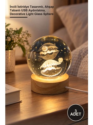 Yenilig 3 Adet Işıklı Cam Küre – Incili Istiridye Tasarımlı, Ahşap Tabanlı USB Aydınlatma, Decorative Light Glass Sphere