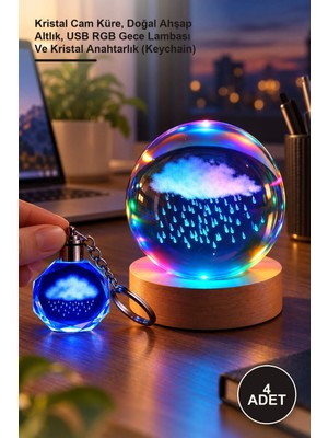 Yenilig 4 Adet Işıklı Yağmur Bulutu Cam Küre – Kristal Cam Küre, Doğal Ahşap Altlık, USB Rgb Gece Lambası ve Kristal Anahtarlık (Keychain)