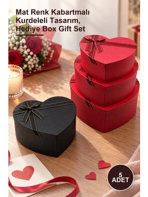 Yenilig 5 Adet Kalp Tasarımlı Karton Hediye Kutusu Seti – Mat Renk Kabartmalı Kurdeleli Tasarım, Hediye Box Gift Set