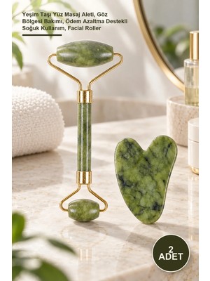 Yenilig 2 Adet Jade Roller ve Gua Sha Taşı Seti – Yeşim Taşı Yüz Masaj Aleti, Göz Bölgesi Bakımı, Ödem Azaltma Destekli Soğuk Kullanım, Facial Roller