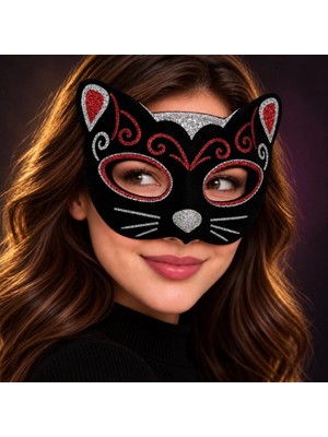 TKÇ Şık Kedi Maskesi 20X13 cm Kırmızı Gümüş Parti Aksesuarı Xml