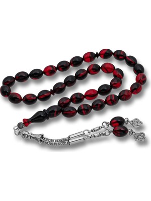 Fm 💎 Premium Parlak ve Şık Metal Püsküllü Bordo Siyah Sıkma Kehribar Tesbih