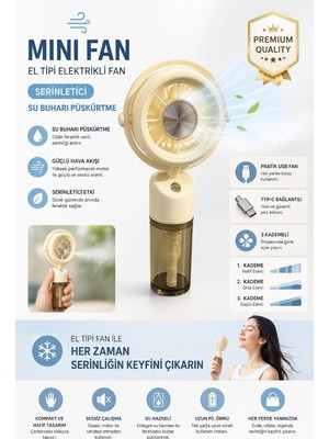 Str Store Mini El Tipi Fan Su Buharlı Serinletici Fan, USB Type-C Şarjlı, 3 Kademeli Hız Ayarlı, Taşınabilir Elektrikli Fan, Nemlendirici Püskürtmeli Portatif Fan, Ofis, Seyahat, Araç ve Günlük Kullanım Için