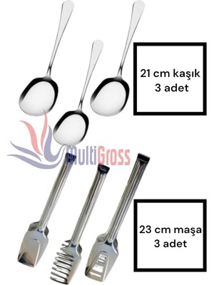Str Store 6'lı Çelik Servis Maşa Seti, 3 Adet Servis Kaşığı, 3 Adet Pasta-Makarna-Salata Maşası, Metalik