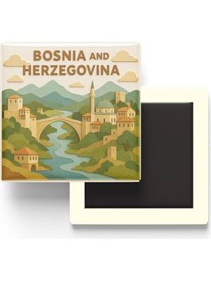 Str Store Bosna-Hersek - Paper Cut Art - Baskılı Buzdolap Magneti Kare - 9x9 cm