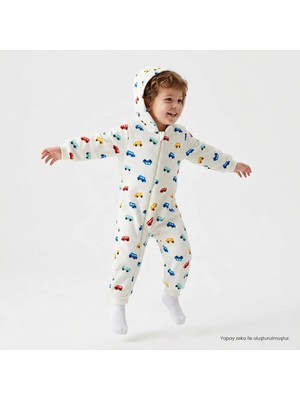 Hellobaby Erkek Bebek Polar Tulum Araba Baskılı Fermuarlı Kapüşonlu Long Sleeve Ribanalı
