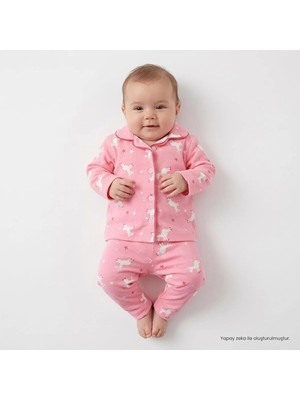 Hellobaby Kız Bebek Pijama Takımı Unicorn Baskılı Düğmeli Gömlek Yaka Long Sleeve Reçme