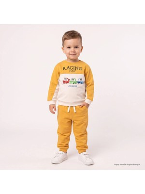 Hellobaby Erkek Bebek Eşofman Takımı Araba Baskılı Bisiklet Yaka Long Sleeve Ribanalı