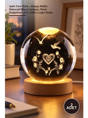 Yenilig 2 Adet Işıklı Cam Küre – Ahşap Altlıklı Dekoratif Masa Lambası, Renk Değiştiren Led, Usb'li Light Globe