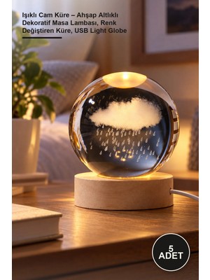 Yenilig 5 Adet Işıklı Cam Küre – Ahşap Altlıklı Dekoratif Masa Lambası, Renk Değiştiren Küre, USB Light Globe